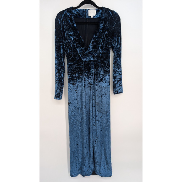 Galvan London Long-Sleeve Deep-V Hammered Velvet Cocktail Dress SZ 4 Blue #1D459 - Picture 2 of 16